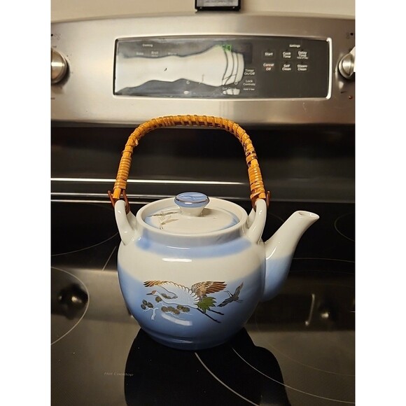 Vintage Blue Porcelain Tea Pot with Straw Handle Japanese Cranes Gold Accent EUC - Picture 1 of 11